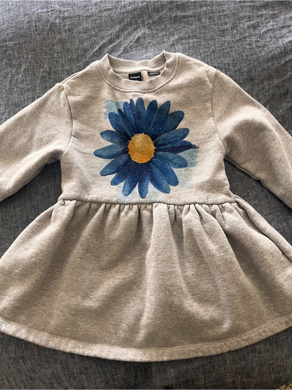 Desigual Gray Dress with Blue Daisy and Yellow Center